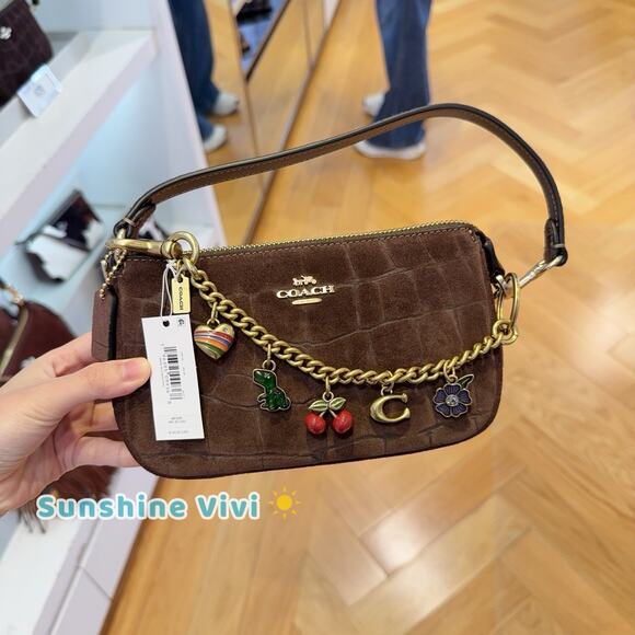 NWT Bundle Coach Motif Chain Bag Charm CN119 & CCF61 Nolita 19 Suede Gold/Maple - Picture 1 of 13